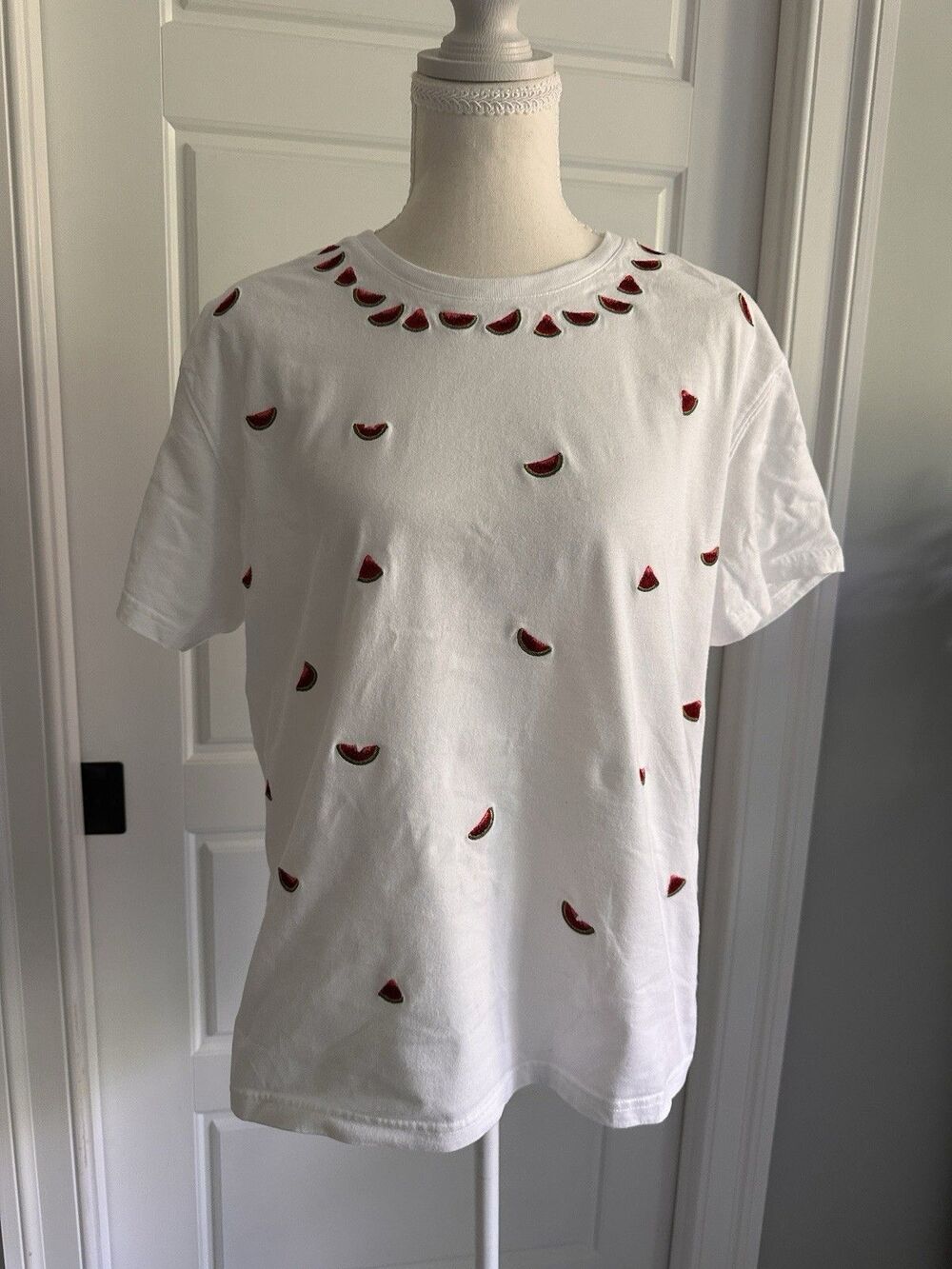 Talbots White Cotton T-Shirt Embroidered Watermelon Fruit Summer Picnic Large